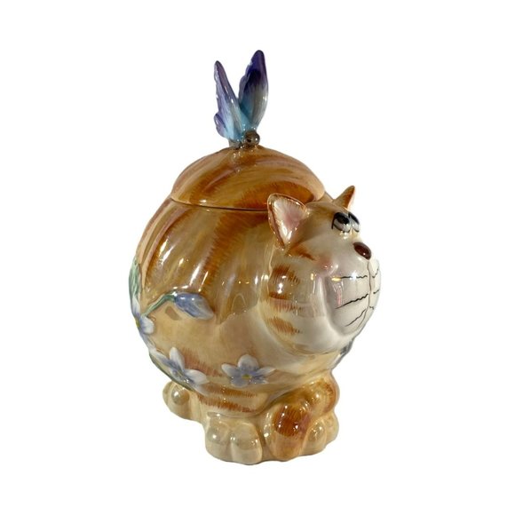 Unique Vintage Accents Vintage Chonky Ginger Cat Jar Wbutterflies